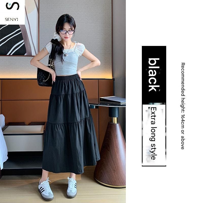 SENYI French gentle style black skirt summer thin female Korean version loose high waist temperament medium length cake A-line skirt
