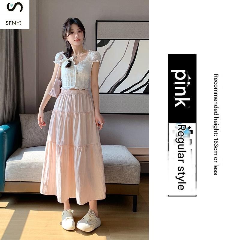 SENYI French gentle style black skirt summer thin female Korean version loose high waist temperament medium length cake A-line skirt