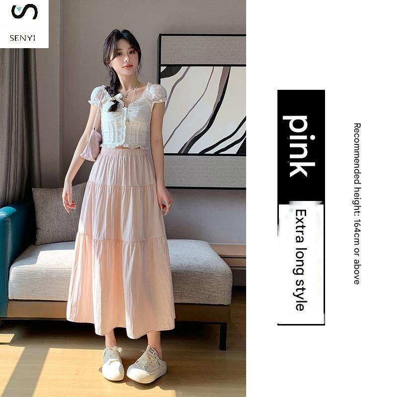 SENYI French gentle style black skirt summer thin female Korean version loose high waist temperament medium length cake A-line skirt