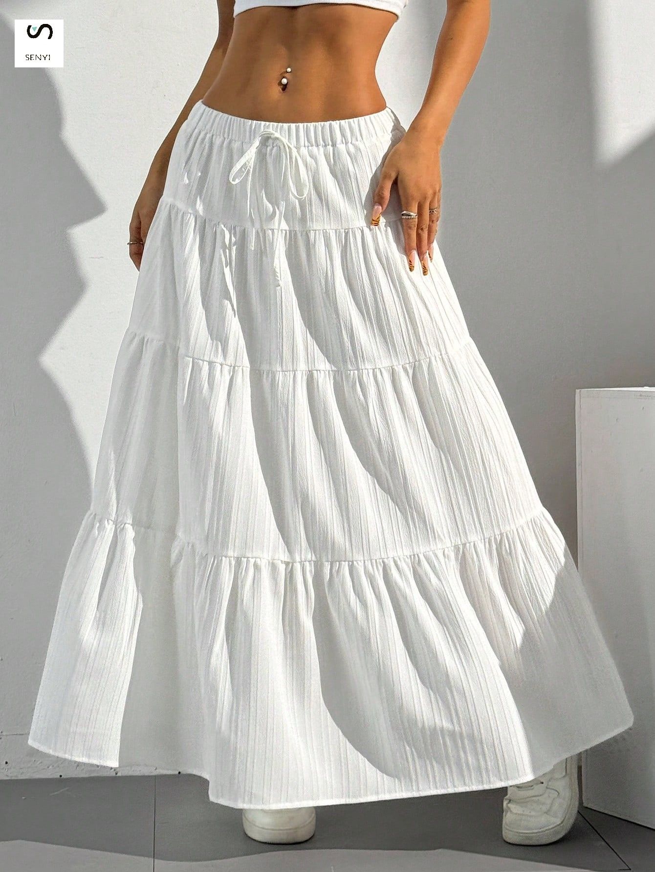 SENYI Women's clothing 2025 new white elegant skirt lace-up big swing skirt loose long skirt for women