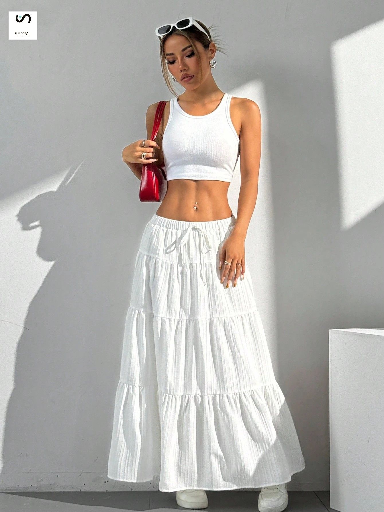 SENYI Women's clothing 2025 new white elegant skirt lace-up big swing skirt loose long skirt for women