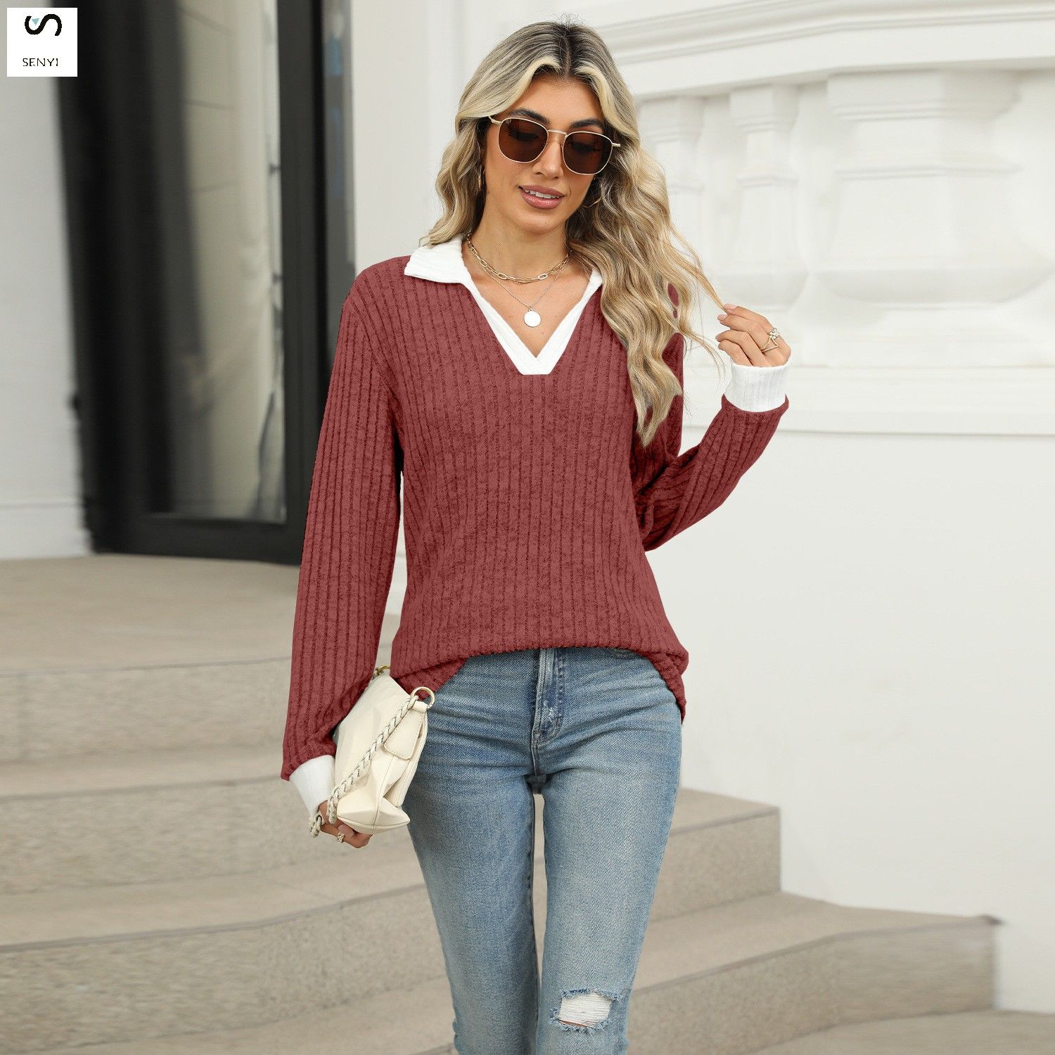SENYI Autumn and winter new color matching lapel long sleeve loose T-shirt tops women's fashion dry season rainy season personality