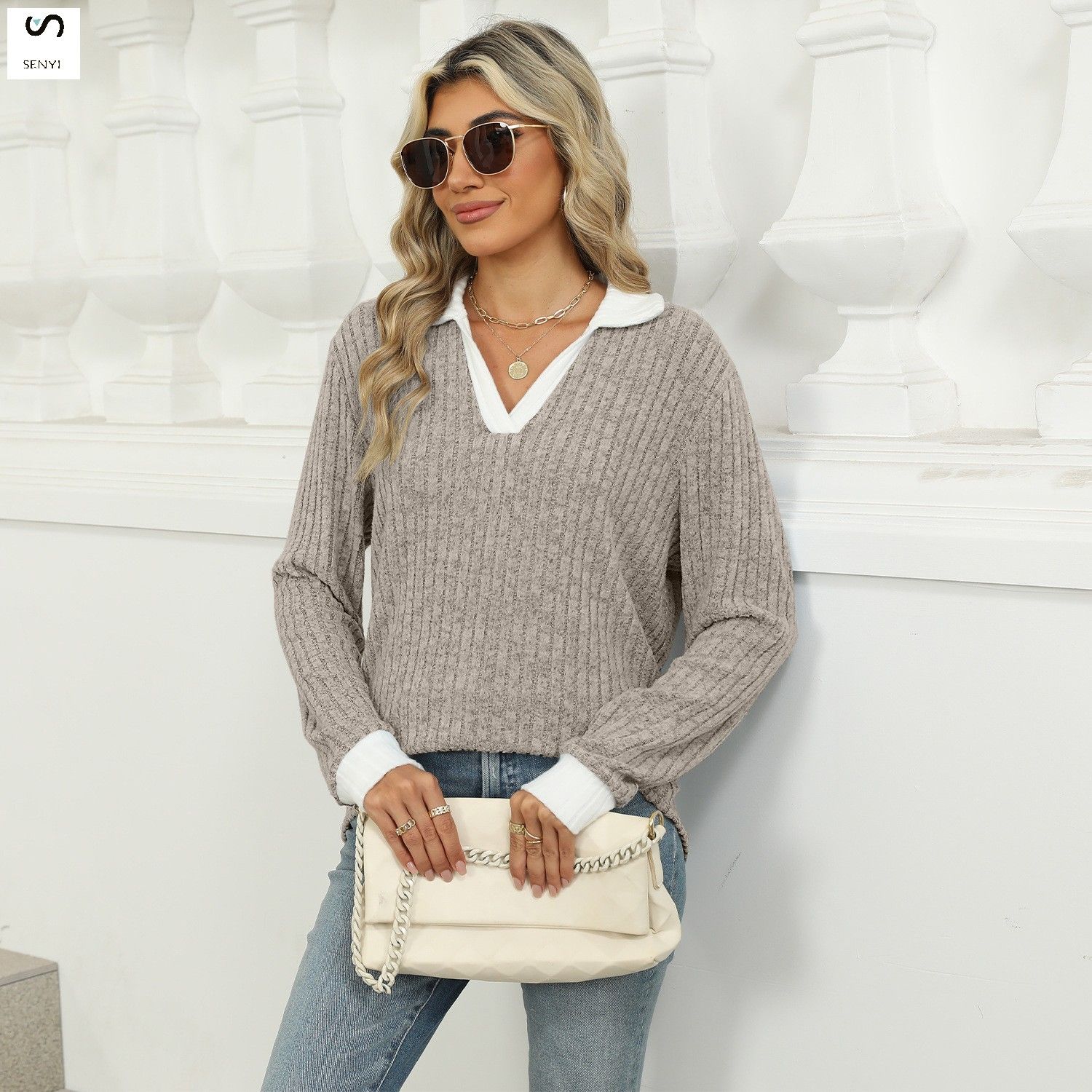 SENYI Autumn and winter new color matching lapel long sleeve loose T-shirt tops women's fashion dry season rainy season personality