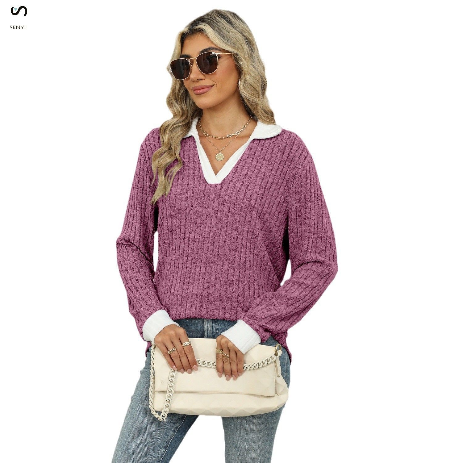 SENYI Autumn and winter new color matching lapel long sleeve loose T-shirt tops women's fashion dry season rainy season personality