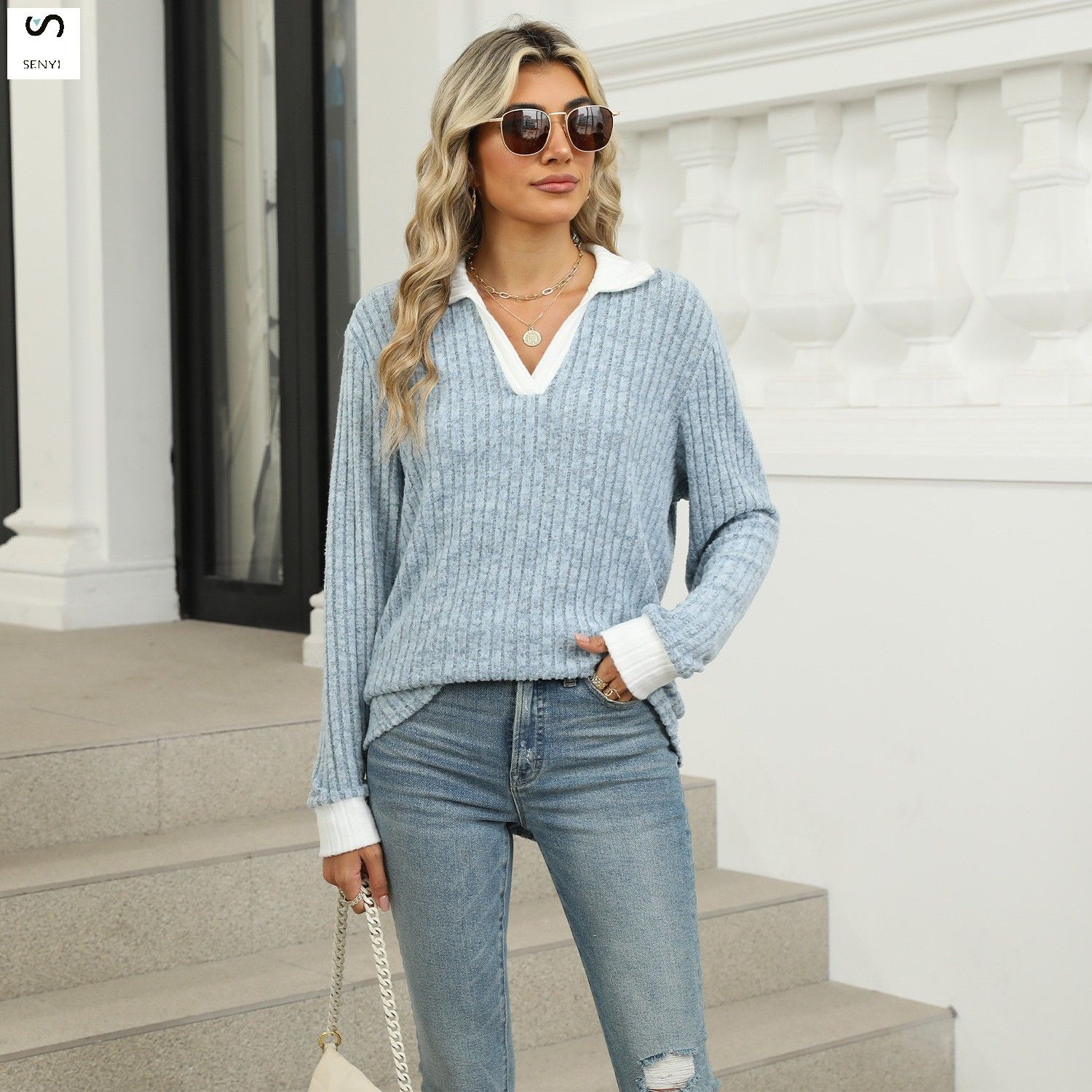 SENYI Autumn and winter new color matching lapel long sleeve loose T-shirt tops women's fashion dry season rainy season personality