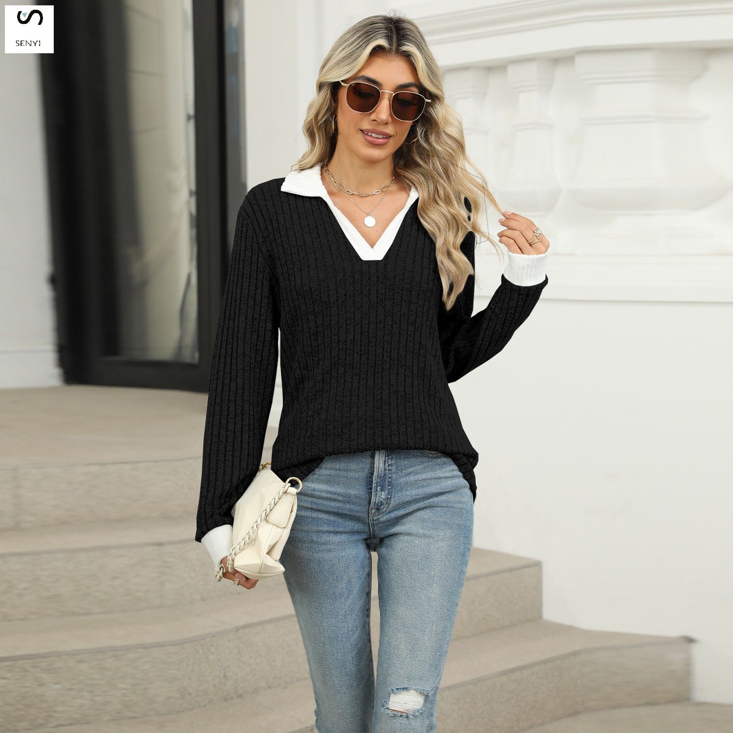 SENYI Autumn and winter new color matching lapel long sleeve loose T-shirt tops women's fashion dry season rainy season personality