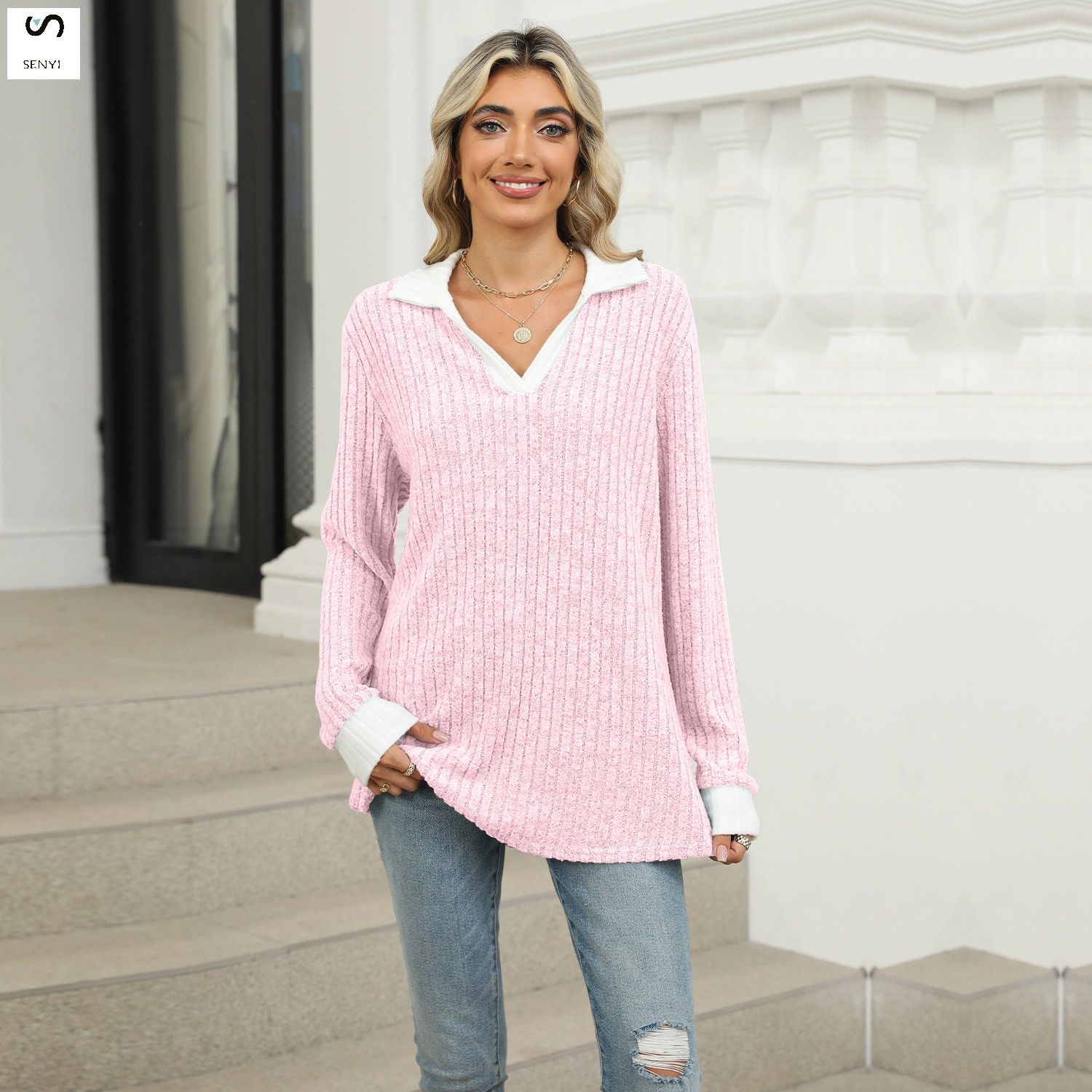SENYI Autumn and winter new color matching lapel long sleeve loose T-shirt tops women's fashion dry season rainy season personality