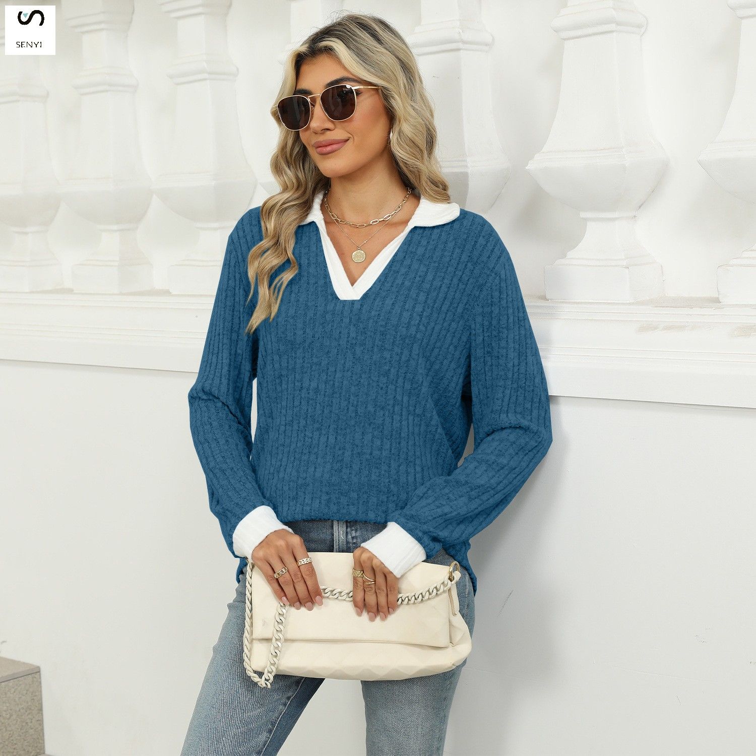 SENYI Autumn and winter new color matching lapel long sleeve loose T-shirt tops women's fashion dry season rainy season personality