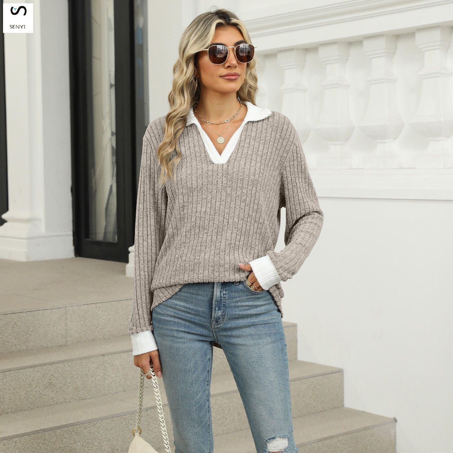 SENYI Autumn and winter new color matching lapel long sleeve loose T-shirt tops women's fashion dry season rainy season personality