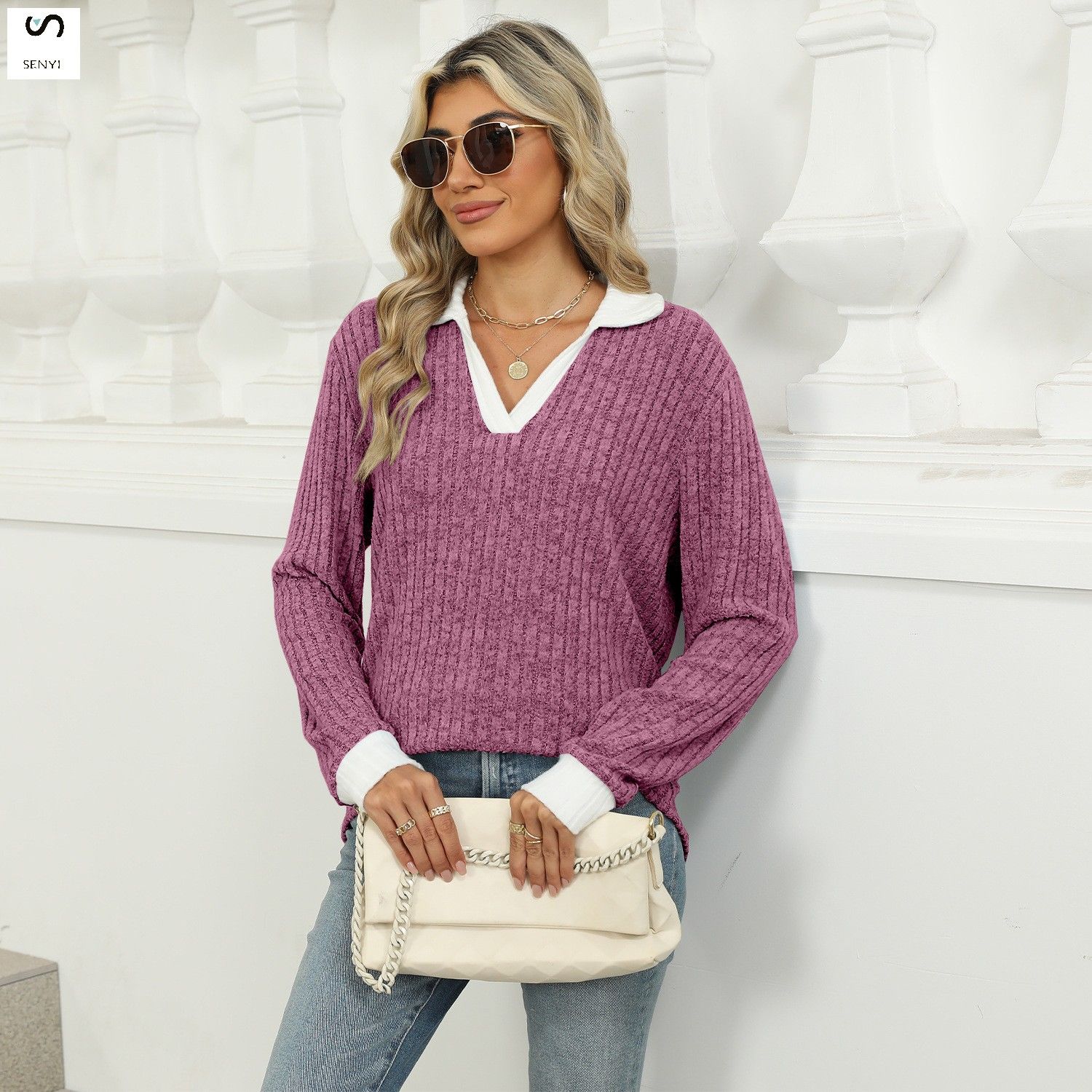 SENYI Autumn and winter new color matching lapel long sleeve loose T-shirt tops women's fashion dry season rainy season personality