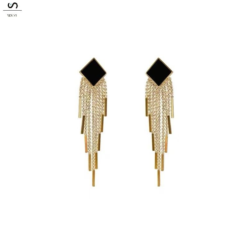 SENYI Personality exaggerated square long tassel earrings 925 silver needle fashion temperament net celebrity light luxury lady earrings