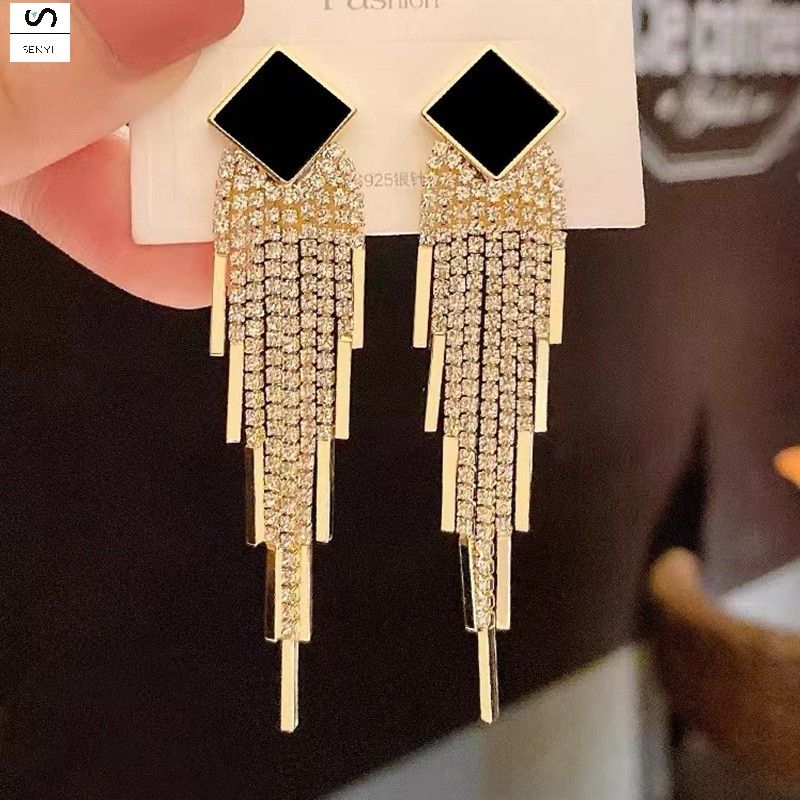 SENYI Personality exaggerated square long tassel earrings 925 silver needle fashion temperament net celebrity light luxury lady earrings