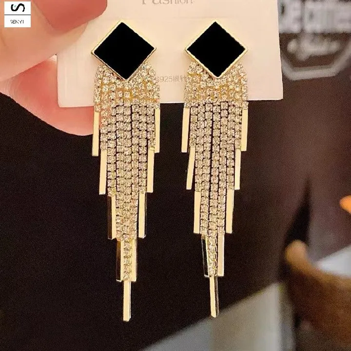SENYI Personality exaggerated square long tassel earrings 925 silver needle fashion temperament net celebrity light luxury lady earrings