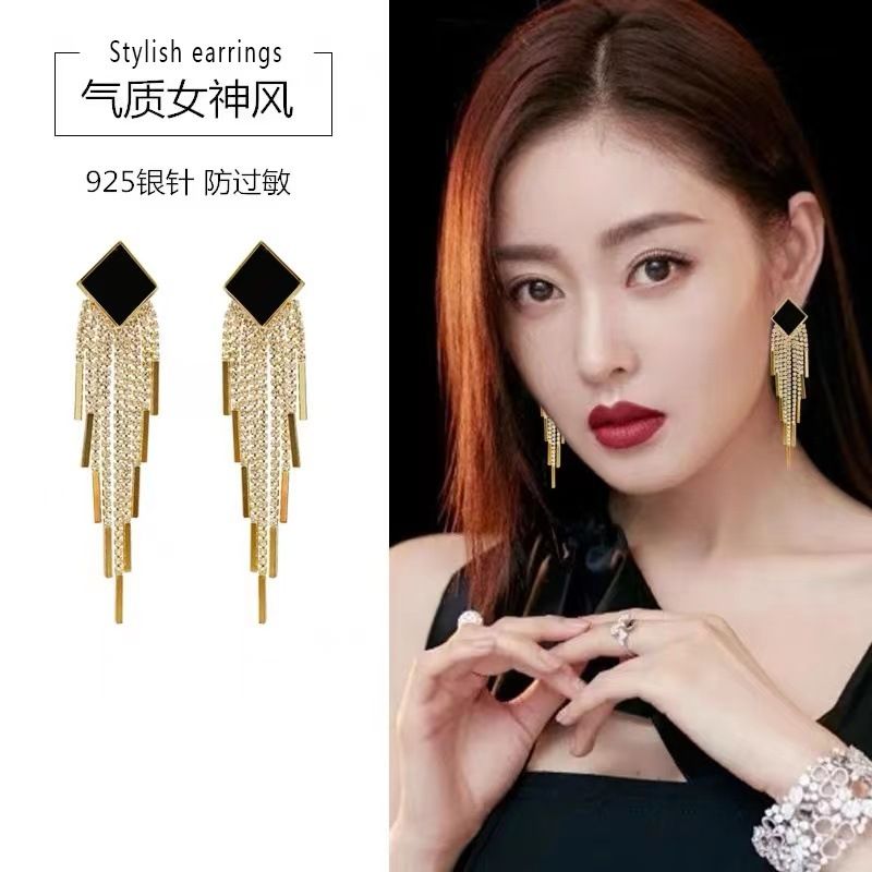 SENYI Personality exaggerated square long tassel earrings 925 silver needle fashion temperament net celebrity light luxury lady earrings