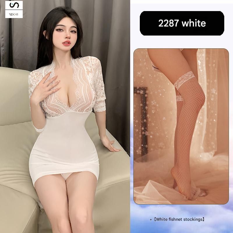 SENYI Sexy lingerie tight hip skirt sexy secretary uniform temptation deep V exposed breast lace perspective pure desire sexy clothing