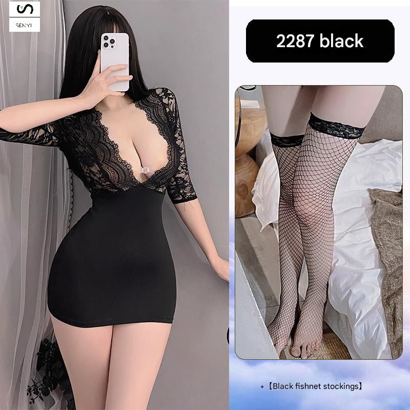 SENYI Sexy lingerie tight hip skirt sexy secretary uniform temptation deep V exposed breast lace perspective pure desire sexy clothing