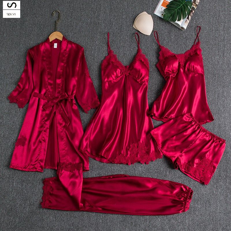 SENYI 5pcs Pajamas women summer ice silk sexy hot home clothes spring and autumn long sleeve thin large size cross-border five-piece suit bathrobe