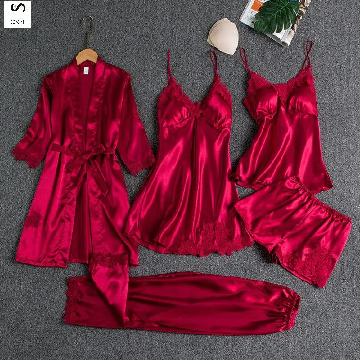 SENYI 5pcs Pajamas women summer ice silk sexy hot home clothes spring and autumn long sleeve thin large size cross-border five-piece suit bathrobe
