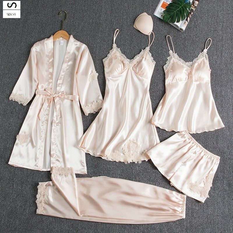 SENYI 5pcs Pajamas women summer ice silk sexy hot home clothes spring and autumn long sleeve thin large size cross-border five-piece suit bathrobe