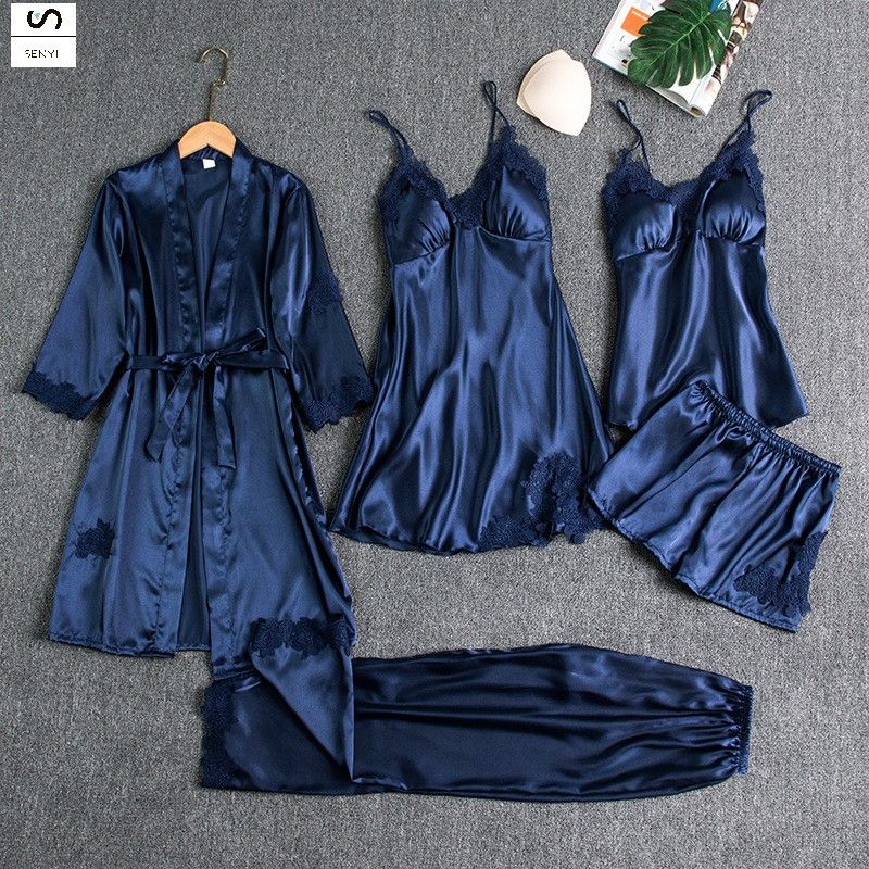 SENYI 5pcs Pajamas women summer ice silk sexy hot home clothes spring and autumn long sleeve thin large size cross-border five-piece suit bathrobe