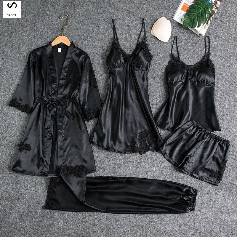 SENYI 5pcs Pajamas women summer ice silk sexy hot home clothes spring and autumn long sleeve thin large size cross-border five-piece suit bathrobe