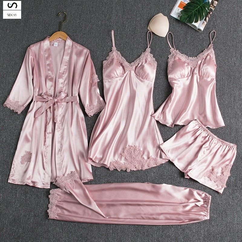 SENYI 5pcs Pajamas women summer ice silk sexy hot home clothes spring and autumn long sleeve thin large size cross-border five-piece suit bathrobe