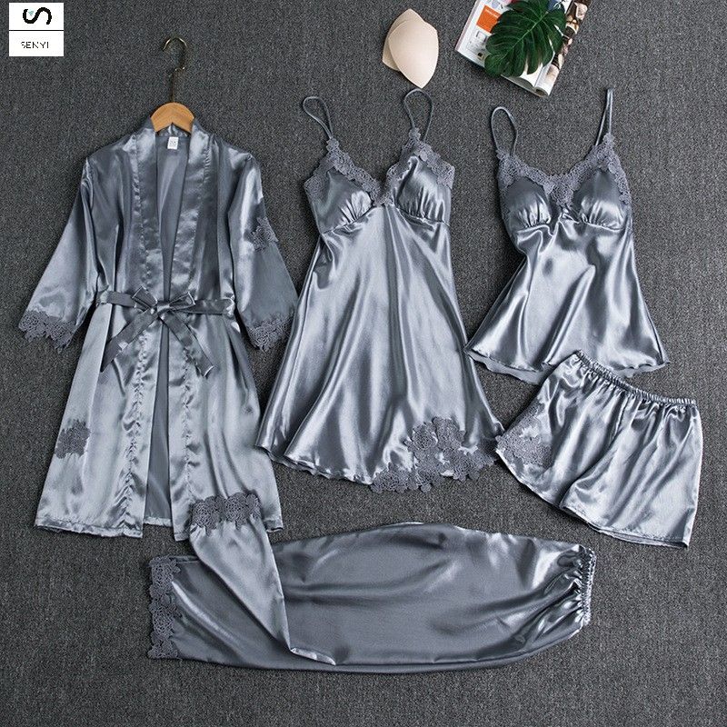 SENYI 5pcs Pajamas women summer ice silk sexy hot home clothes spring and autumn long sleeve thin large size cross-border five-piece suit bathrobe