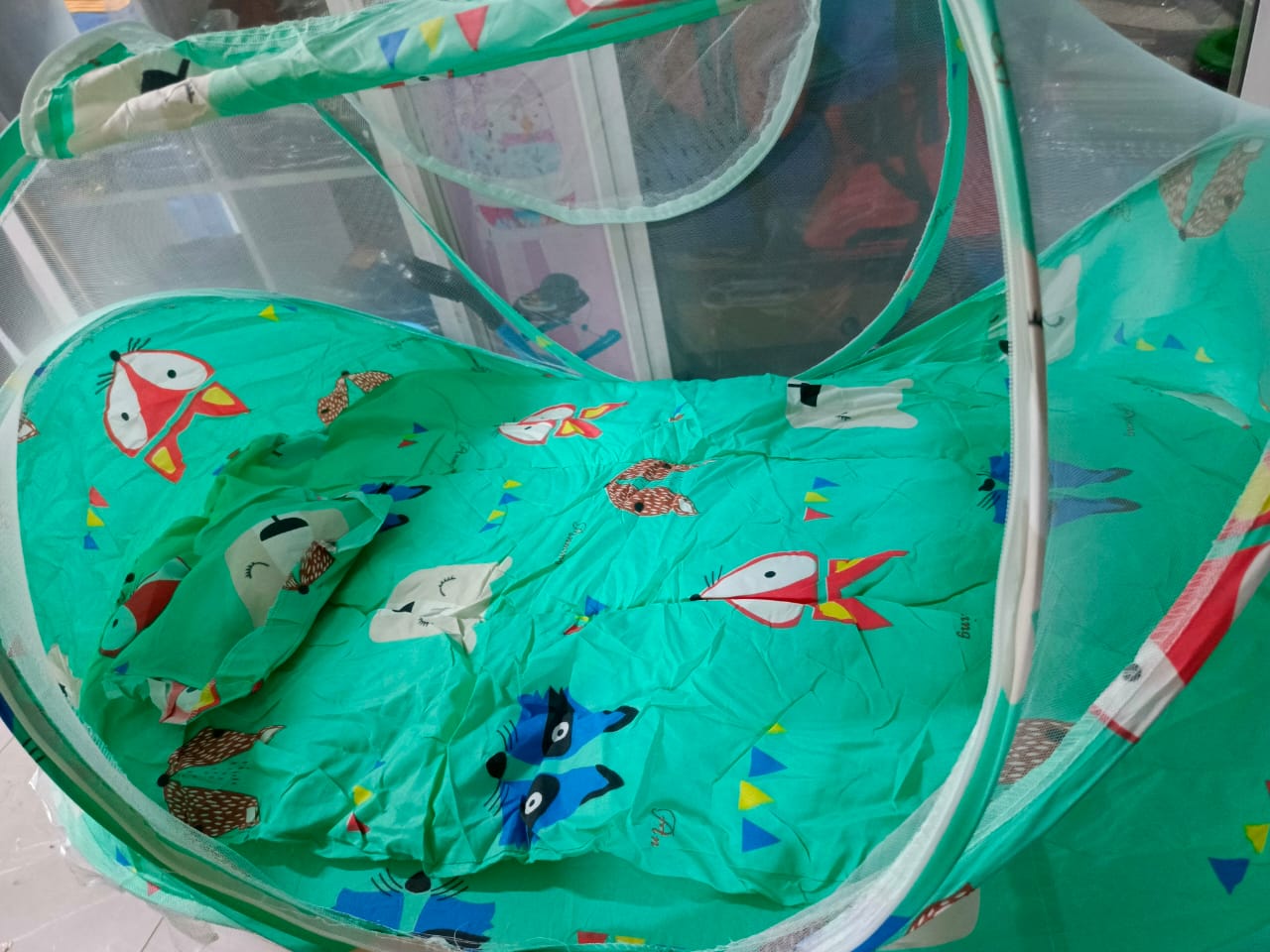 Portable Foldable Baby Sleeping Nest Cot Mosquito Net ASSORTED Prints and Decorations- Green