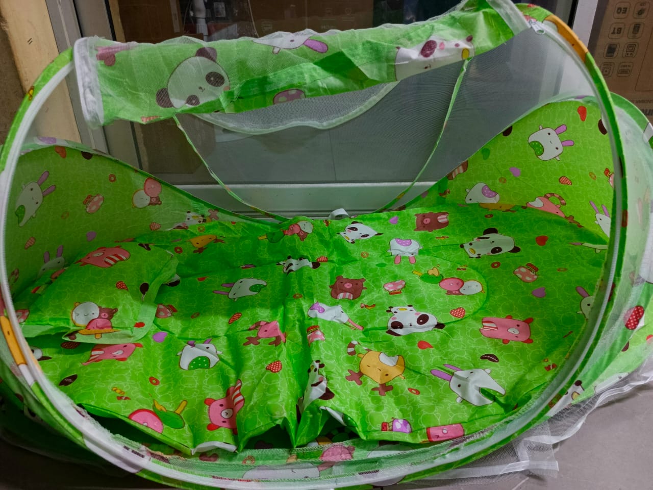 Portable Foldable Baby Sleeping Nest Cot Mosquito Net ASSORTED Prints and Decorations- GREEN