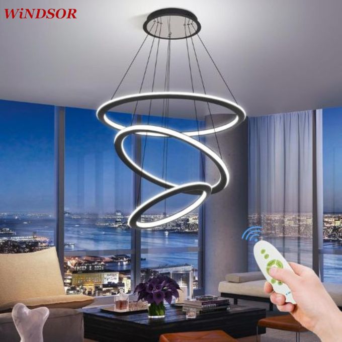 Windsor Pendant Light 3 Rings Modern 84W LED Dimmable with 2.4G Remote Control Size 530*150mm Pendant Lamp 3000K+4000K+6000K for Dining Room Living Room Kitchen Dinning Lounges Matte Black-1yr Warrant