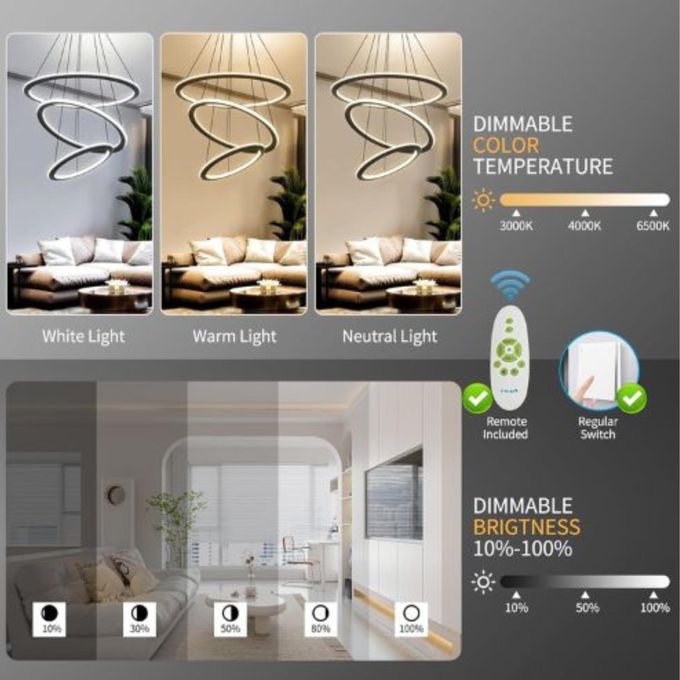 Windsor Pendant Light 3 Rings Modern 84W LED Dimmable with 2.4G Remote Control Size 530*150mm Pendant Lamp 3000K+4000K+6000K for Dining Room Living Room Kitchen Dinning Lounges Matte Black-1yr Warrant