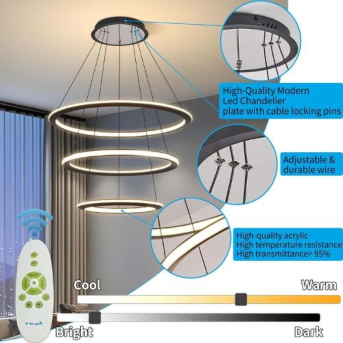 Windsor Pendant Light 3 Rings Modern 84W LED Dimmable with 2.4G Remote Control Size 530*150mm Pendant Lamp 3000K+4000K+6000K for Dining Room Living Room Kitchen Dinning Lounges Matte Black-1yr Warrant
