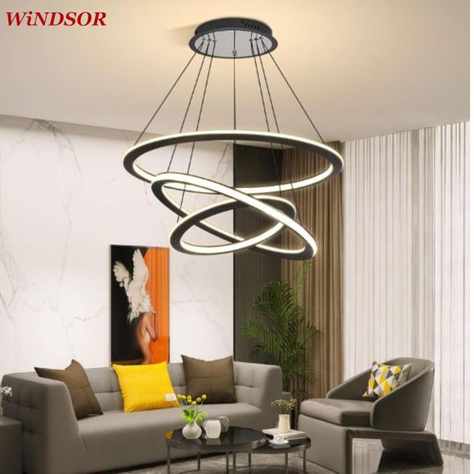 Windsor Pendant Light 3 Rings Modern 84W LED Dimmable with 2.4G Remote Control Size 530*150mm Pendant Lamp 3000K+4000K+6000K for Dining Room Living Room Kitchen Dinning Lounges Matte Black-1yr Warrant