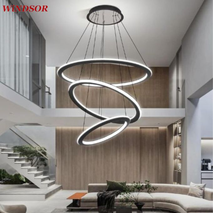 Windsor Pendant Light 3 Rings Modern 84W LED Dimmable with 2.4G Remote Control Size 530*150mm Pendant Lamp 3000K+4000K+6000K for Dining Room Living Room Kitchen Dinning Lounges Matte Black-1yr Warrant
