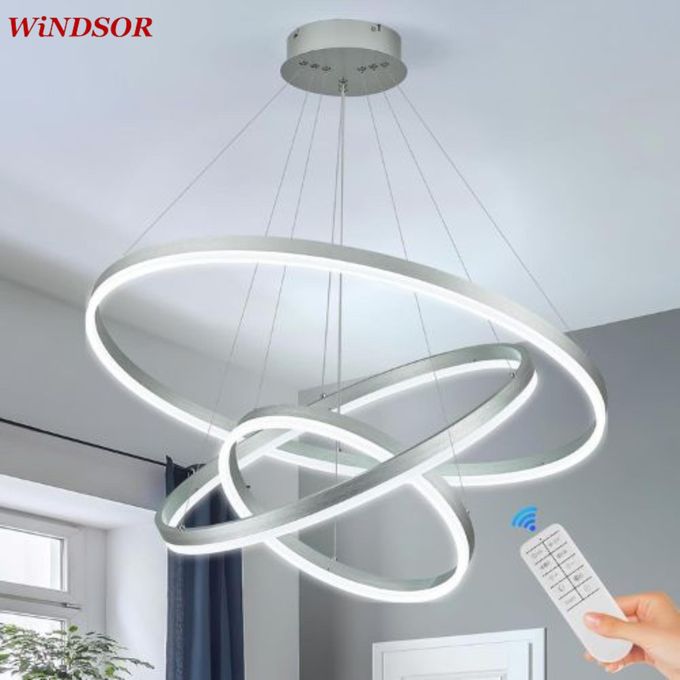 Windsor Pendant Light 3 Rings Modern 84W LED Dimmable with 2.4G Remote Control Size 530*150mm Pendant Lamp 3000K+4000K+6000K for Dining Room Living Room Kitchen Dinning Lounges Matte Black-1yr Warrant