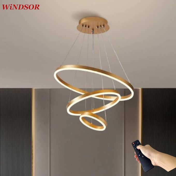 Windsor Pendant Light 3 Rings Modern 84W LED Dimmable with 2.4G Remote Control Size 530*150mm Pendant Lamp 3000K+4000K+6000K for Dining Room Living Room Kitchen Dinning Lounges Matte Black-1yr Warrant