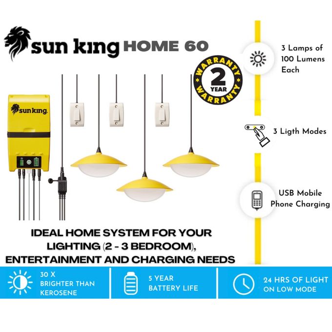 SunKing Home 60 Solar Lighting Systems Original Phone Charging Lighting 3 Bulbs 2Yr Warranty