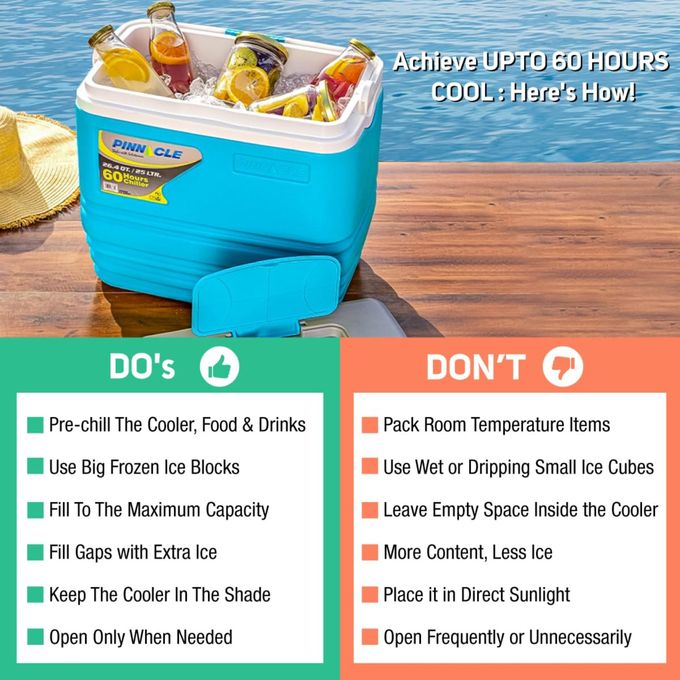 Pinnacle Cooler Box 25L Chiller Cool Box Portable For Ice / Medicine / Ice Pop Picnic Travel Hiking 60Hr Cool Hold 44 Cans With Ice