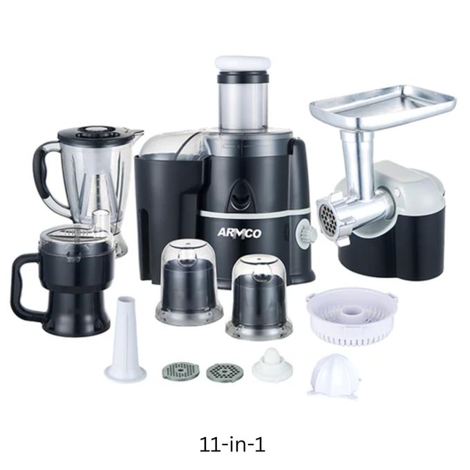 Armco Food Processor Factory Juicer, Blender Unbreakable Jug, Grinder, Meat Mincer, Slicer, Shredder, Wet Mill, Filter, Chopper, Citrus Juicer, Egg Whisker, Spatula, 500W, Elegant Silver and Black Fin