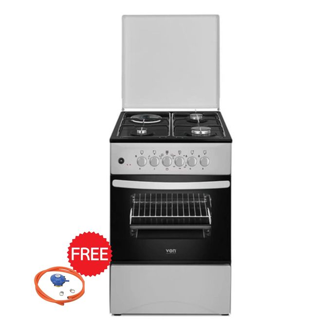 VON Cooker 50X50Cm Standing 3Ga+ 1E Hotplate, Electric Oven Silver 1Yr Warranty Free Gift