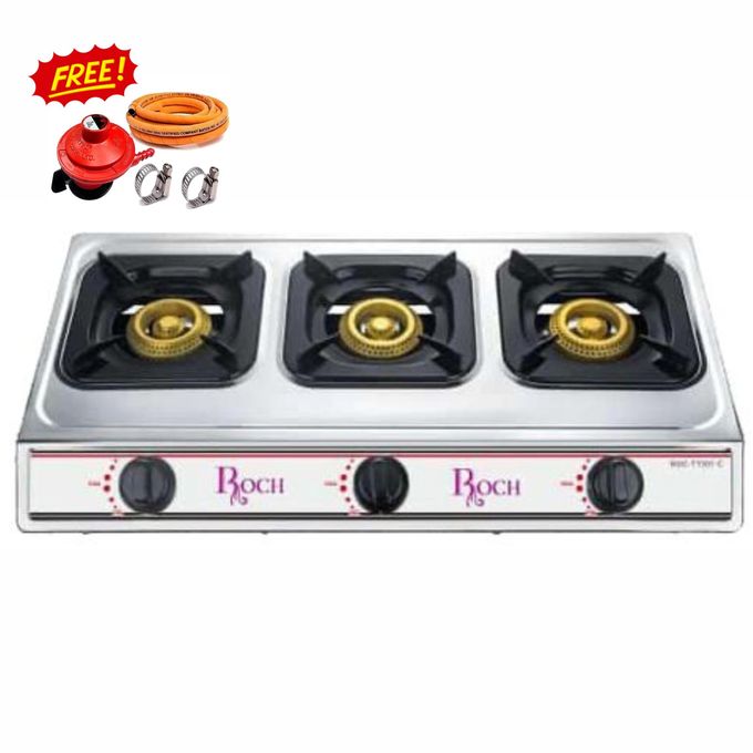 Roch 3 Gas Burner Automatic Table Top Stainless Steel FREE Gas Delivery Pipe + Gas Regulator + Safety Clips.