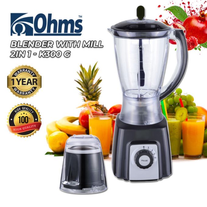 Ohms 2in1 Blender 300W Powerful 1.5Lt Jug with Grinder Black 1Yr Warranty