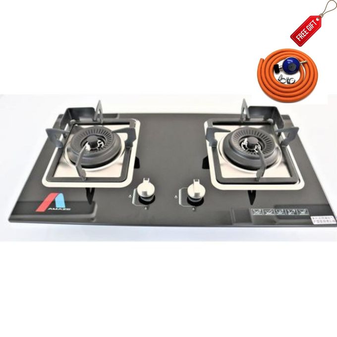 Amaze Table Top Cooker 2 Burner Tampered Glass Top Cooker Automatic Ignition High Quality Black FREE Regulator + Pipe + 2pc Gas Clips (Can Be Used As Inbuilt OR Table Top)