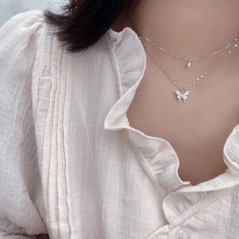Women's Necklaces Large and small double layer butterfly necklace Clavicle Chain Sweater chain