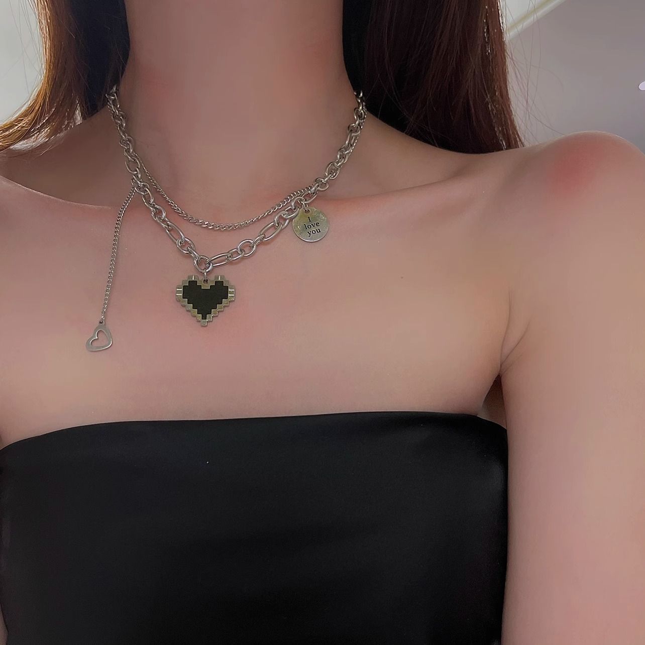 Women's Necklaces Black Mosaic Heart Necklace Fashion personality clavicle necklace