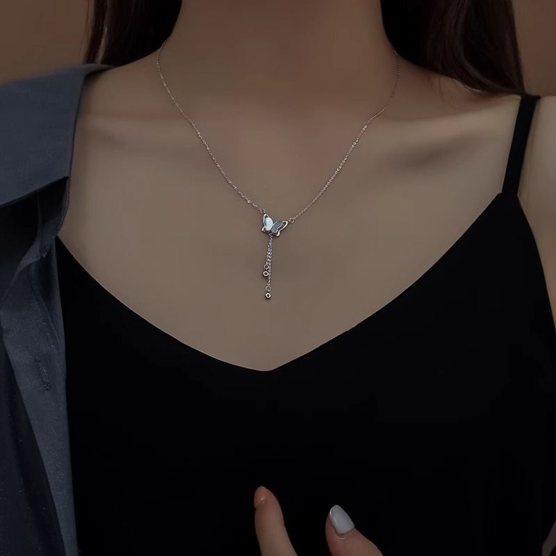 Women's Necklaces White Shell Tassel Butterfly Necklace Light luxury niche clavicle chain Tassel Chain