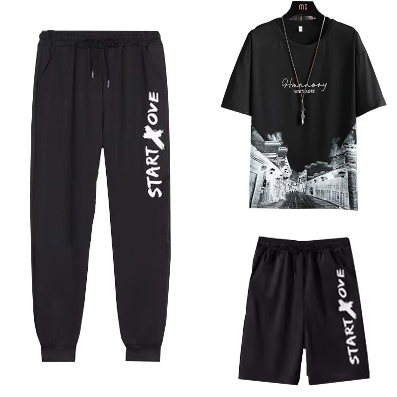 MEN'S CLOTHING Sets 3 in 1 Loose and breathable Short-sleeved tops Casual sports shorts Casual sports trousers