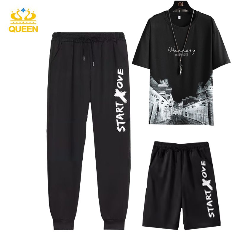 MEN'S CLOTHING Sets 3 in 1 Loose and breathable Short-sleeved tops Casual sports shorts Casual sports trousers