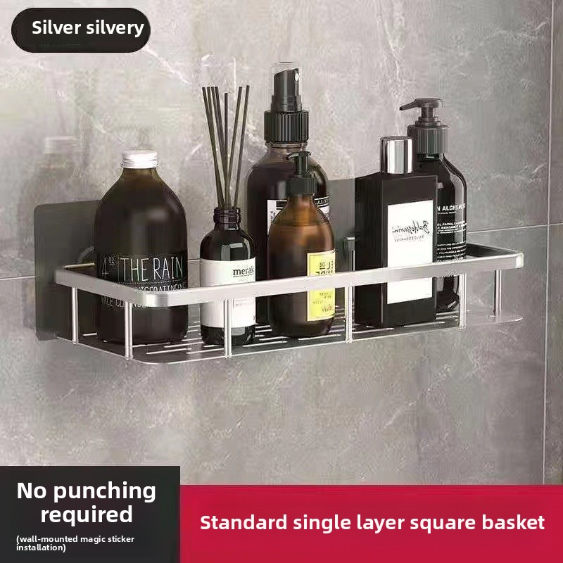 Space aluminum silver rectangular kitchen and bathroom storage rack, suction cup type, ready to use, no drilling storage rack