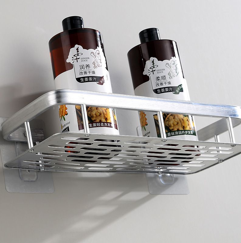Space aluminum silver rectangular kitchen and bathroom storage rack, suction cup type, ready to use, no drilling storage rack